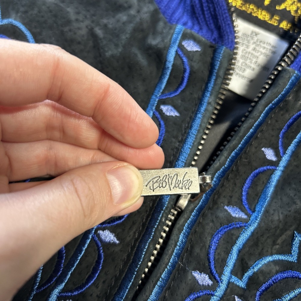 Bob Mackie Wearable Art Leather Embroidered Zip Jacket Blue Black Women's  1X - Picture 5 of 9